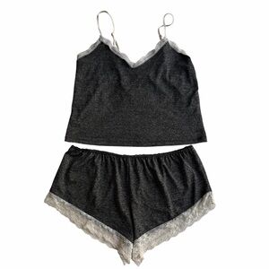 Women's Dark Grey High Stretch Sleepwear Set With Contrast Lace Trim